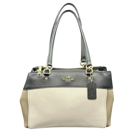 Coach Brooke F24549 Crossgrain Leather Colorblock Satchel Tote Chalk Taupe Black - Picture 1 of 16
